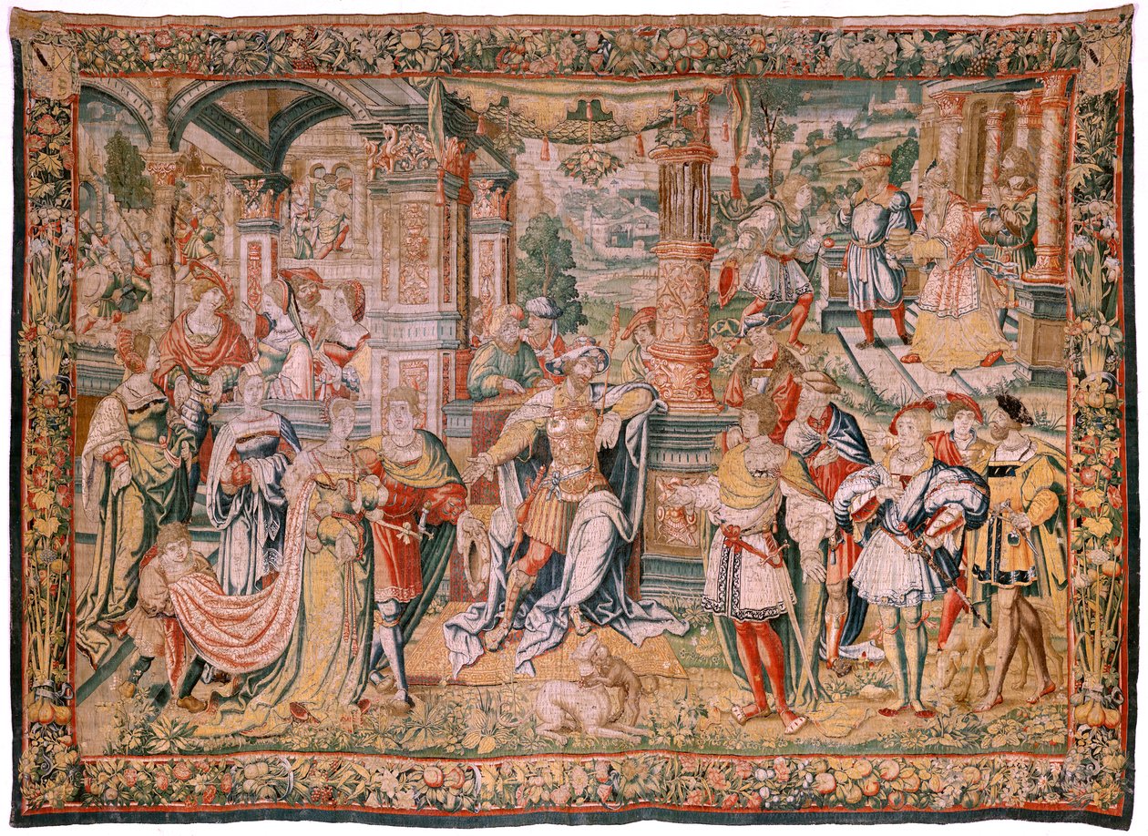Flanderin kuvakudos. Sarjan tarina Davidista. Daavid ennen Saulia (David ante Saúl). Malli Bernard van Orley. Valmistus Brysselissä. Ca1525. Kangas Silkki ja villa. Koko 560 x 410 cm. Sijainti Burgosin katedraali. Alkuperä Katedraalin testamentti vuonna 15 tekijältä Flemish School