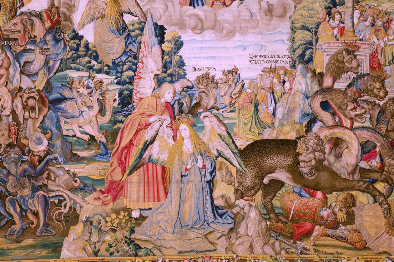 Flanderin kuvakudos. Sarja The Apocalypse: Pyhä Mikael voitti lohikäärmeen. Atelier Willem Dermoyen, Bryssel. Noin 1553-1555. Yksityiskohta. tekijältä Flemish School