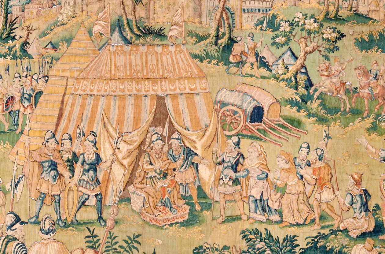 Flanderin kuvakudos. Sarja Judith kirja. Judith ennen Holofernes (Judith ante Holofernes). Sarjan viides kuvakudos. Valmistus Alankomaat, Bryssel(?). 1500-luvun toinen puoli. Kangas Villa. Sijainti Pyhän Nikolauksen Barilaisen kirkko (mus tekijältä Flemish School