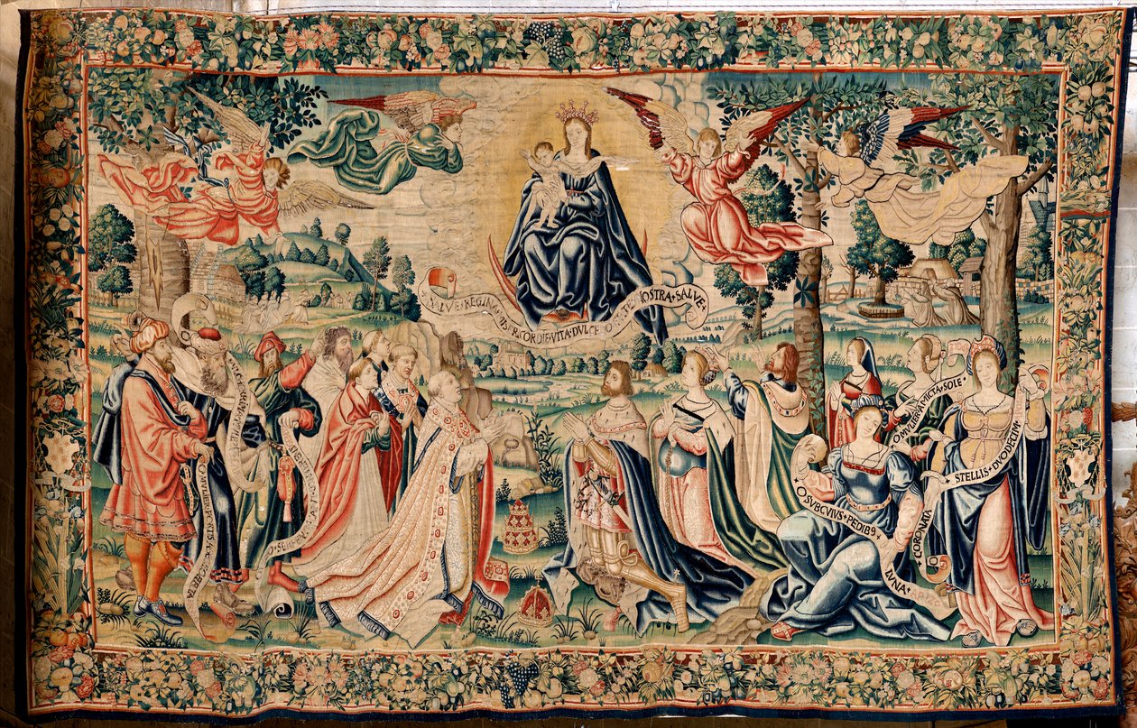 Flanderin kuvakudos. Sarja The Hail. Salve Regina. Valmista Brysselin työpajoja, mahdollisesti Marc Crétif. Noin 1528. Koko 412 x 652 cm. Kangas Silkki ja villa. Sijainti Palencian katedraali. Alkuperä Piispa Fonsecan testamentti vuonna 1529. Näytössä tekijältä Flemish School