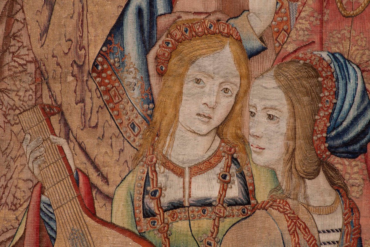 Flanderin kuvakudos. Sarja Daavidin ja Batseban historia. Profeetta Nathan tuomitsee kuningas Daavidin (El profeta Natán reprende a David). Sarjan kolmas paneeli. Nimetön malli. Valmistus tuntematon, Bryssel. 1505. Kangas Kulta, silkki ja villa. tekijältä Flemish School