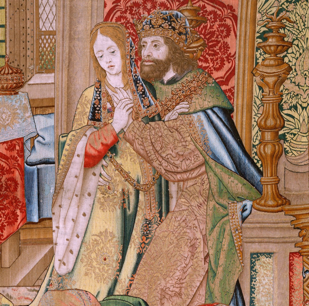 Flanderin kuvakudos. Sarja Daavidin ja Batseban historia. Daavidin ja Batseban avioliitto (Casamiento de David y Betsabé). Sarjan toinen paneeli. Nimetön malli. Valmistus tuntematon, Bryssel. 1505. Kangas Kulta, silkki ja villa. tekijältä Flemish School