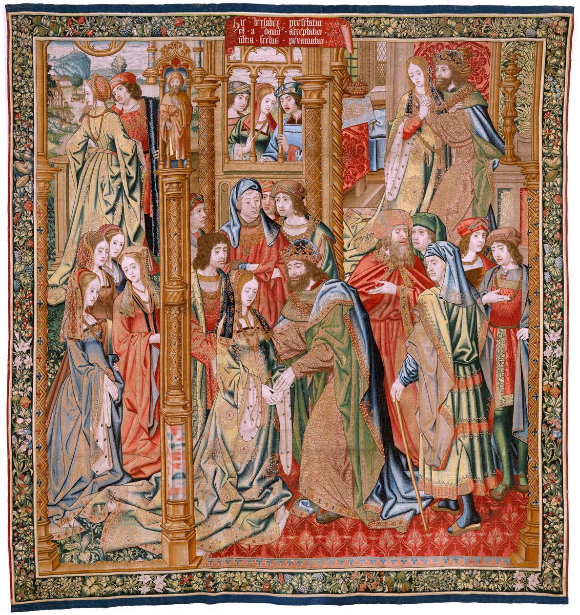 Flanderin kuvakudos. Sarja Daavidin ja Batseban historia. Daavidin ja Batseban avioliitto (Casamiento de David y Betsabé). Sarjan toinen paneeli. Nimetön malli. Valmistus tuntematon, Bryssel. 1505. Kangas Kulta, silkki ja villa. tekijältä Flemish School