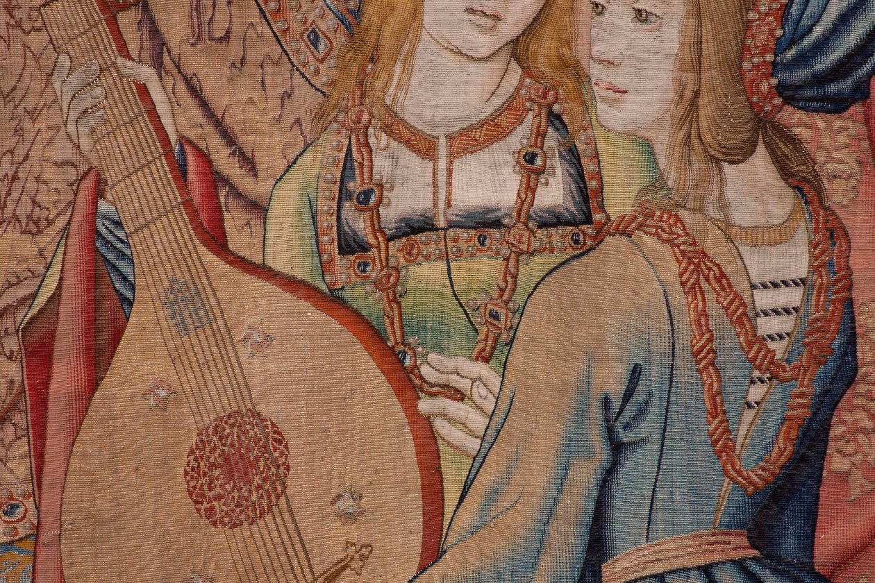 Flanderin kuvakudos. Sarja Daavidin ja Batseban historia. Profeetta Nathan tuomitsee kuningas Daavidin (El profeta Natán reprende a David). Sarjan kolmas paneeli. Nimetön malli. Valmistus tuntematon, Bryssel. 1505. Kangas Kulta, silkki ja villa. tekijältä Flemish School