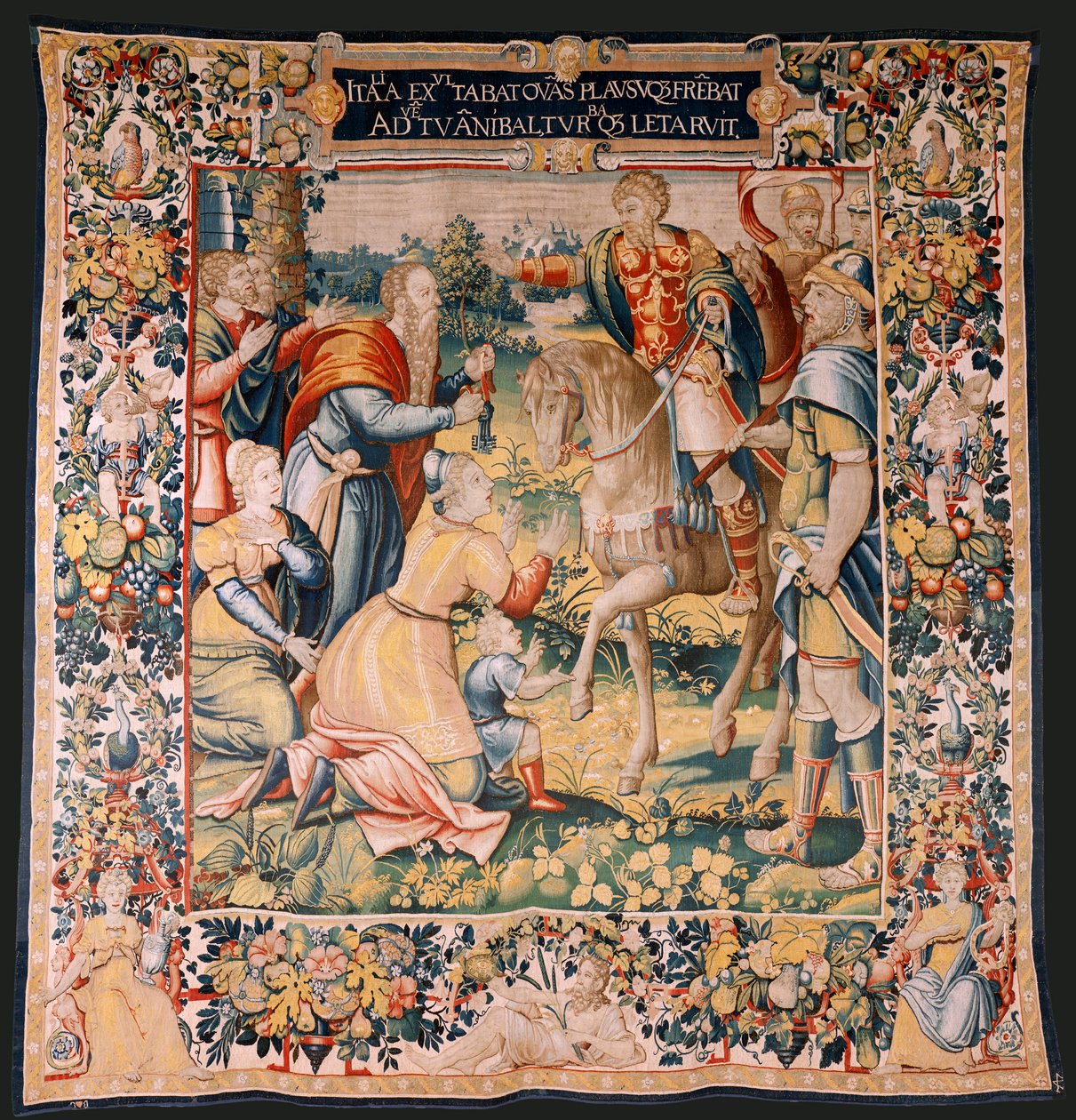 Flanderin kuvakudos. Sarja Hannibalin historia. Hannibal Italiassa (Aníbal en Italia). Kolmas kuvakudos säilyneistä. Mallit Anonyymi Hollannin mestari. Brysselin valmistus, työpaja. Noin 1570. Kangas Villaa ja silkkiä. 6,5/7 loimi/cm. Koko tekijältä Flemish School