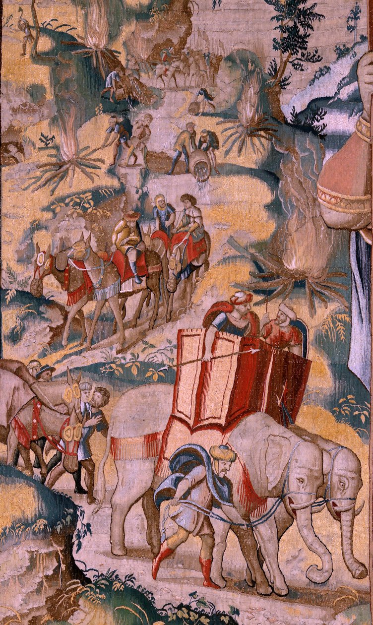 Flanderin kuvakudos. Sarja Hannibalin historia. Alppien ylitys (Paso de los Alpes). Toinen säilöttyjen kuvakudos. Mallit Anonyymi Hollannin mestari. Brysselin valmistus, työpaja. Noin 1570. Kangas Villa ja silkki, 6,5/7 loimia per tekijältä Flemish School