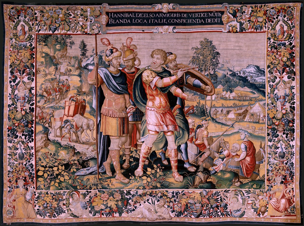 Flanderin kuvakudos. Sarja Hannibalin historia. Alppien ylitys (Paso de los Alpes). Toinen säilöttyjen kuvakudos. Mallit Anonyymi Hollannin mestari. Brysselin valmistus, työpaja. Noin 1570. Kangas Villa ja silkki, 6,5/7 loimia per tekijältä Flemish School