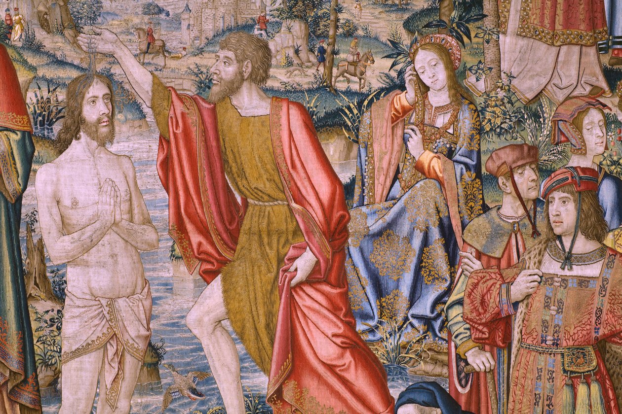 Flanderin kuvakudos. Sarja Pyhän Johannes Kastajan historia: Kristuksen kaste (Het doopsel van Christus). Brysselin ateljee. 1515-1520. tekijältä Flemish School