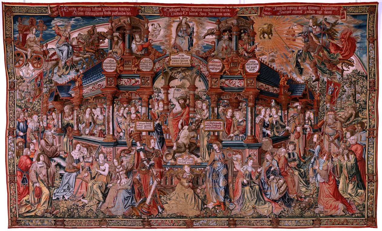 Flanderin kuvakudos. Sarja The Honours. Hyve (La Virtu, El Vicio). Sarjan kahdeksas kuvakudos. Mallisarjakuvapiirtäjät Bernard van Orleyn ja Jan Gossaertin (Mabuse) piiristä. Valmistus Pieter van Aelst, Bryssel. Noin 1550. Kangas Kulta, hopea, silkki a tekijältä Flemish School