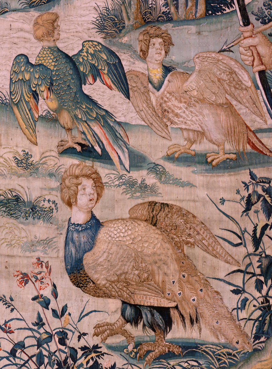 Flanderin kuvakudos. Sarja Herkuleen työt. Hercules ja Stymphalian linnut (Hércules y las aves del lago Estínfalo). Ensimmäinen kuvakudos olemassa olevasta sarjasta. Malli Tuntematon. Valmistus Willem Dermoyen, Bryssel. Ca1528. Kangas Silkki ja villa. ; Ko tekijältä Flemish School
