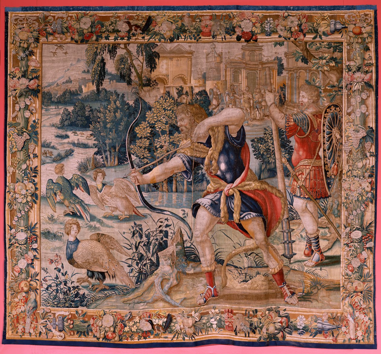Flanderin kuvakudos. Sarja Herkuleen työt. Hercules ja Stymphalian linnut (Hércules y las aves del lago Estínfalo). Ensimmäinen kuvakudos olemassa olevasta sarjasta. Malli Tuntematon. Valmistus Willem Dermoyen, Bryssel. Noin 1528. Kangas Silkki ja villa. ; tekijältä Flemish School