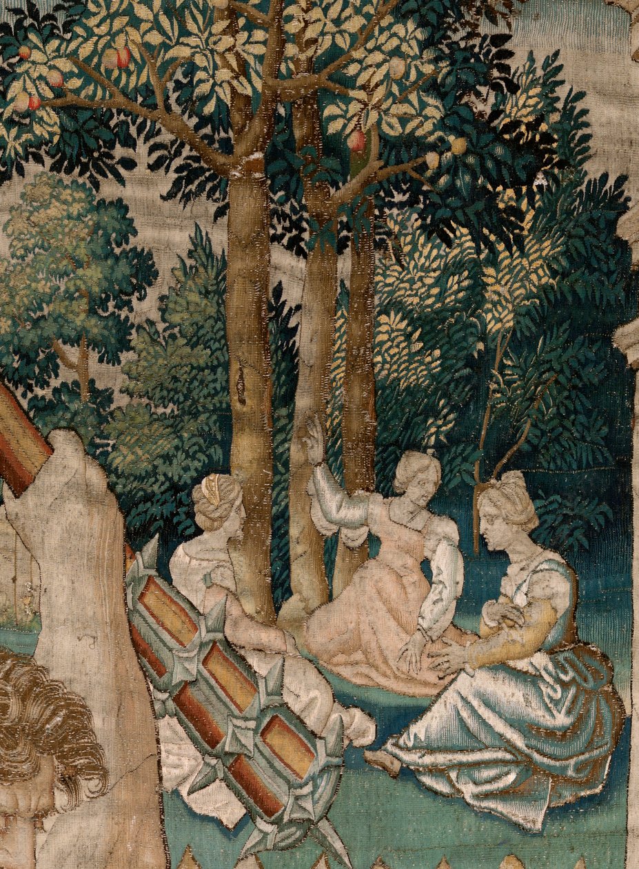 Flanderin kuvakudos. Sarja Herkuleen työt. Hercules Hesperides-puutarhassa (Hércules en el jardín de las Hespérides). Viides kuvakudos säilyneestä sarjasta. Malli Tuntematon. Valmistus Willem Dermoyen, Bryssel. Noin 1528. Kangas Silkki ja villa. tekijältä Flemish School