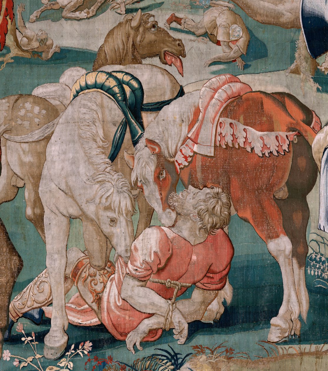 Flanderin kuvakudos. Sarja Herkuleen työt. Diomedesin hevoset (Los caballos de Diomedes). Kolmas kuvakudos säilyneestä sarjasta. Malli Tuntematon. Valmistus Willem Dermoyen, Bryssel. Ca1528. Kangas Silkki ja villa. Koko 350 x 400 cm. Sijainti Royal tekijältä Flemish School