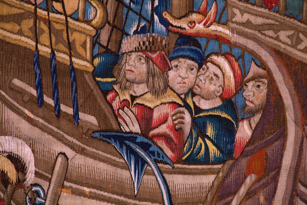 Flanderin kuvakudos. Sarja Portugalilaiset Intiassa: Saapuminen Calicutiin (Aankomstista Calicutista, Llegado de Vasco de Gamasta Lissaboniin). Ca 1510. Kokoelma Caixa Geral de Depósitos, Lissabon. Yksityiskohta. tekijältä Flemish School