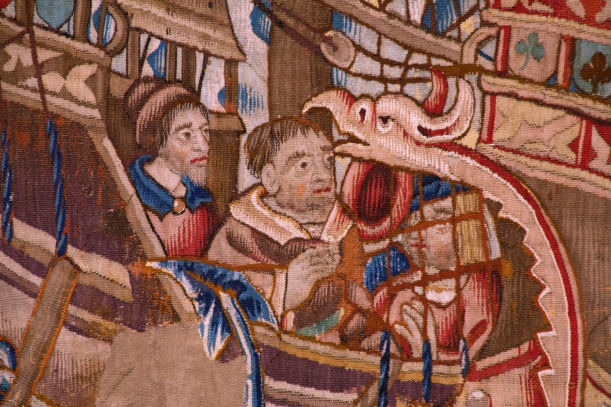 Flanderin kuvakudos. Sarja Portugalilaiset Intiassa: Saapuminen Calicutiin (Aankomstista Calicutista, Llegado de Vasco de Gamasta Lissaboniin). Noin 1510. Caixa Geral de Depósitos -kokoelma, Lissabon. Yksityiskohta. tekijältä Flemish School