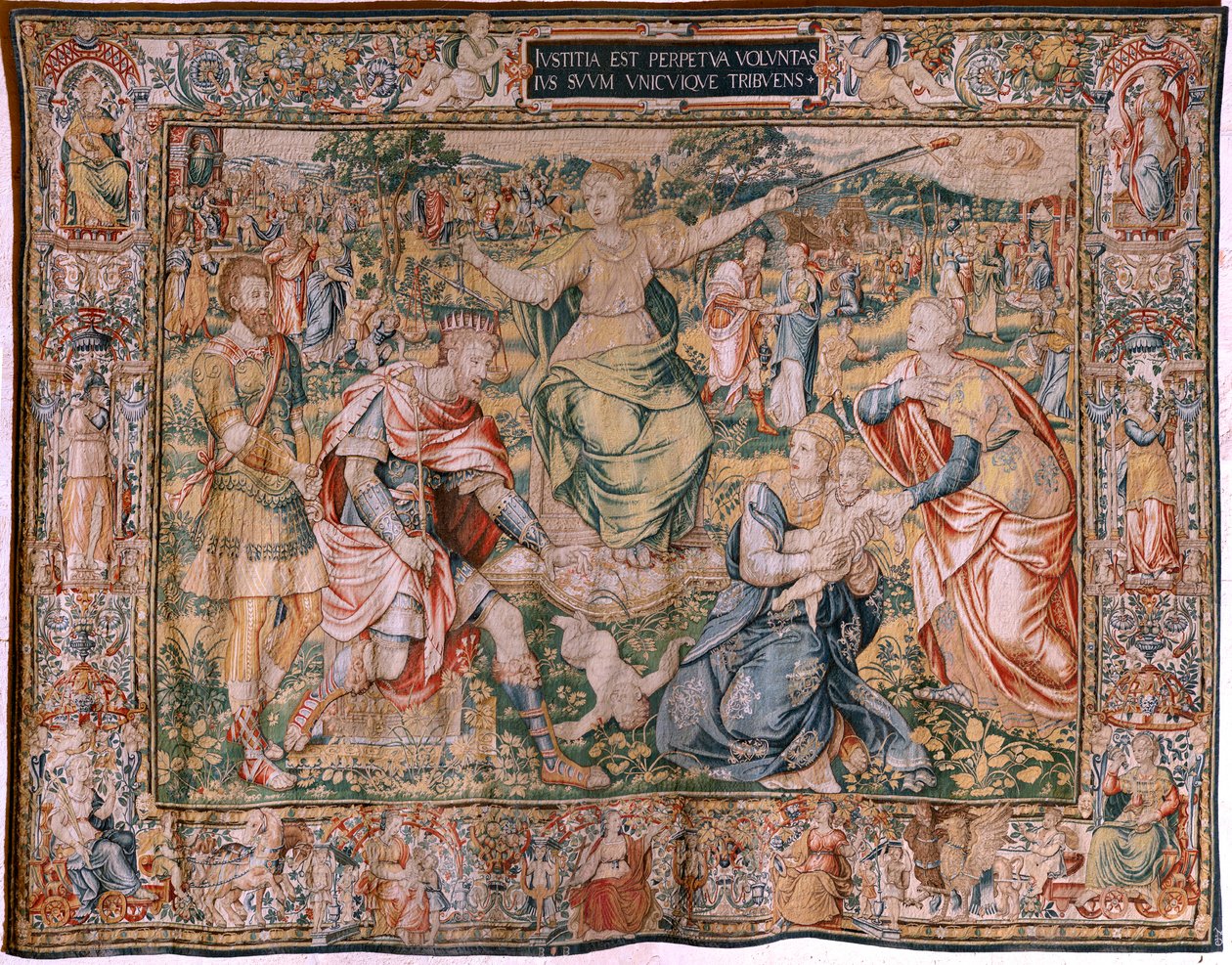 Flanderin kuvakudos. Sarja Seitsemän hyvettä. Oikeus (La Justicia). Malli perustuu Michiel Coxcieen. Valmistus Brysselissä. Valmistaja Frans Geubels. Noin 1560-1570. Kangas Silkki ja villa. Koko 330 x 450 cm. Sijainti Burgosin katedraali. Alkuperä Testamen tekijältä Flemish School