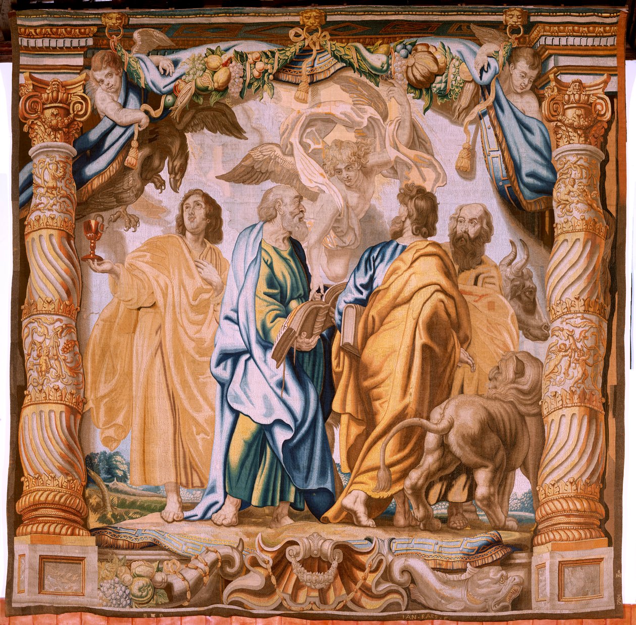 Flanderin kuvakudos. Sarja Eukaristian voitto. Neljä evankelistaa (Los cuatro evangelistas). Sarjan yhdestoista kuvakudos. Malli Peter Paul Rubens. 1626-1628. Valmistus Jan II Raes, Hans Vervoert, Jacques Fobert, Bryssel tekijältä Flemish School