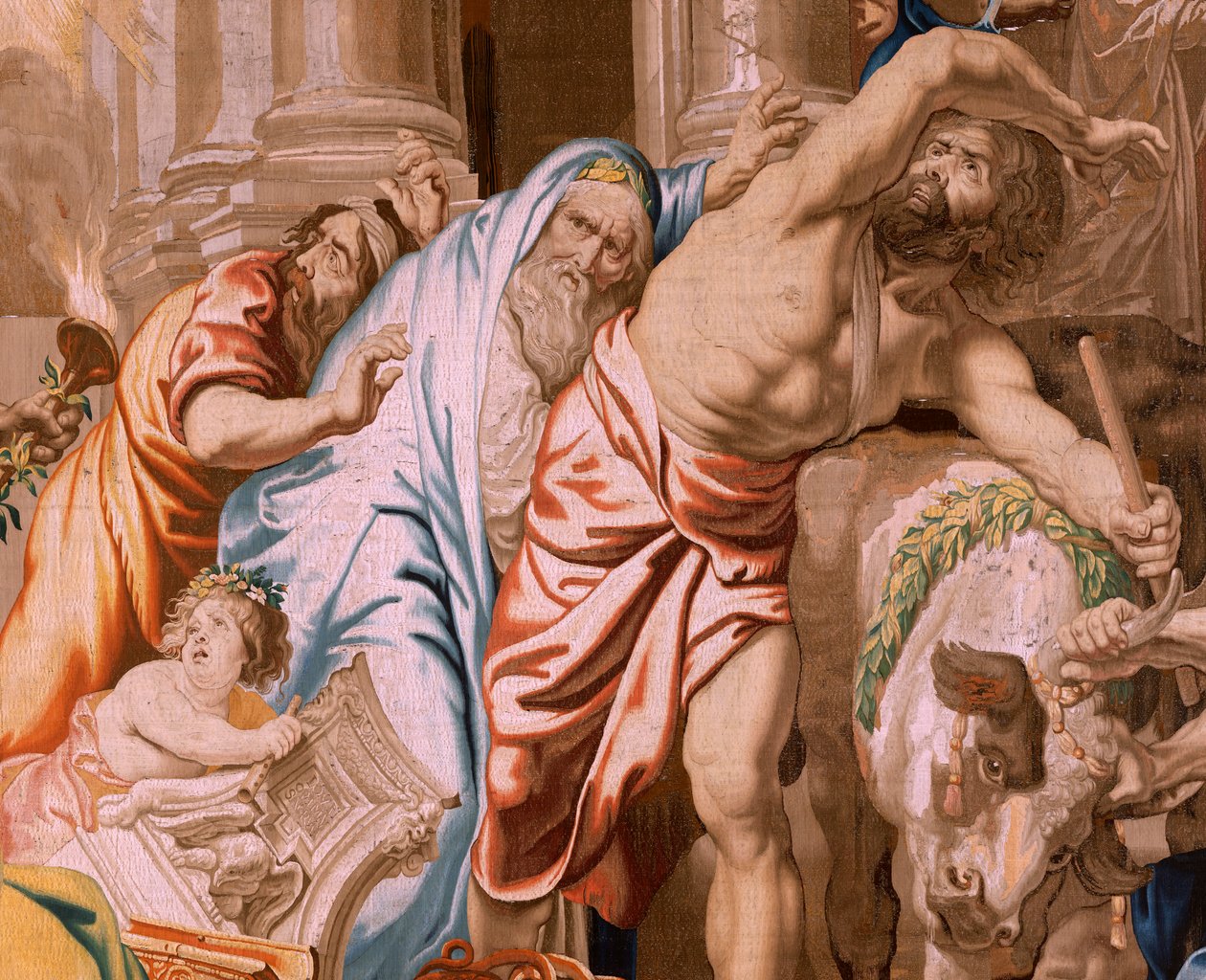 Flanderin kuvakudos. Sarja Eukaristian voitto. Eukaristian voitto pakanauhreista (Victoria de la Eucaristía sobre los sacrificios paganos). Sarjan neljäs kuvakudos. Malli Peter Paul Rubens. 1626-1628. Valmistus Jan II Raes, Jac tekijältä Flemish School