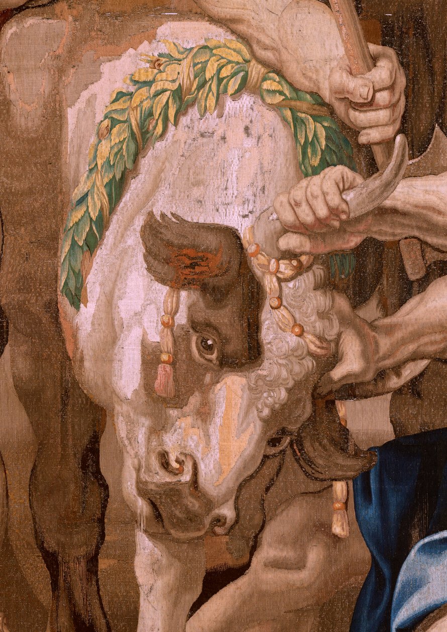 Flanderin kuvakudos. Sarja Eukaristian voitto. Eukaristian voitto pakanauhreista (Victoria de la Eucaristía sobre los sacrificios paganos). Sarjan neljäs kuvakudos. Malli Peter Paul Rubens. 1626-1628. Valmistus Jan II Raes, Jac tekijältä Flemish School
