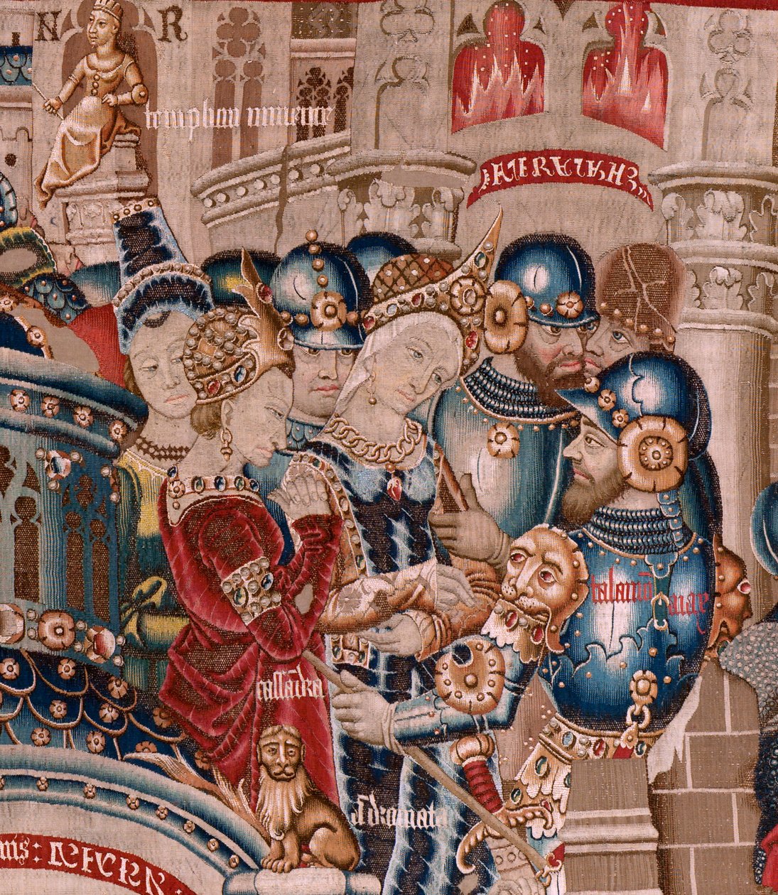 Flanderin kuvakudos. Sarja Troijan sota. Troijan tuho (Destrucción de Troya). Sarjan yhdestoista kuvakudos. Malli Coëtivy Master (Henry tai Conrard de Vulcop). Valmista Tournai työpajoja. Noin 1470. Kangas Villaa ja silkkiä, 6/7 loimi/cm. tekijältä Flemish School