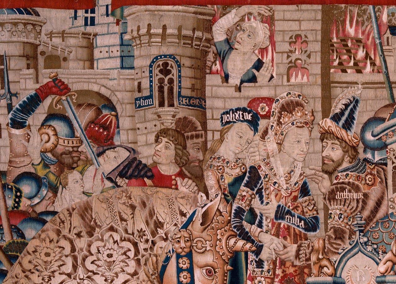 Flanderin kuvakudos. Sarja Troijan sota. Troijan tuho (Destrucción de Troya). Sarjan yhdestoista kuvakudos. Malli Coëtivy Master (Henry tai Conrard de Vulcop). Valmista Tournai työpajoja. Noin 1470. Kangas Villaa ja silkkiä, 6/7 loimi/cm. tekijältä Flemish School