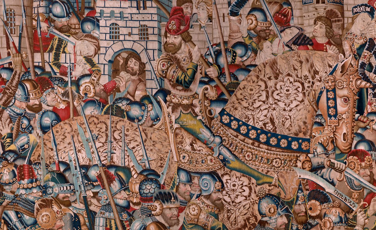 Flanderin kuvakudos. Sarja Troijan sota. Troijan tuho (Destrucción de Troya). Sarjan yhdestoista kuvakudos. Malli Coëtivy Master (Henry tai Conrard de Vulcop). Valmista Tournai työpajoja. Noin 1470. Kangas Villa ja silkki, 6/7 loimi/cm. tekijältä Flemish School