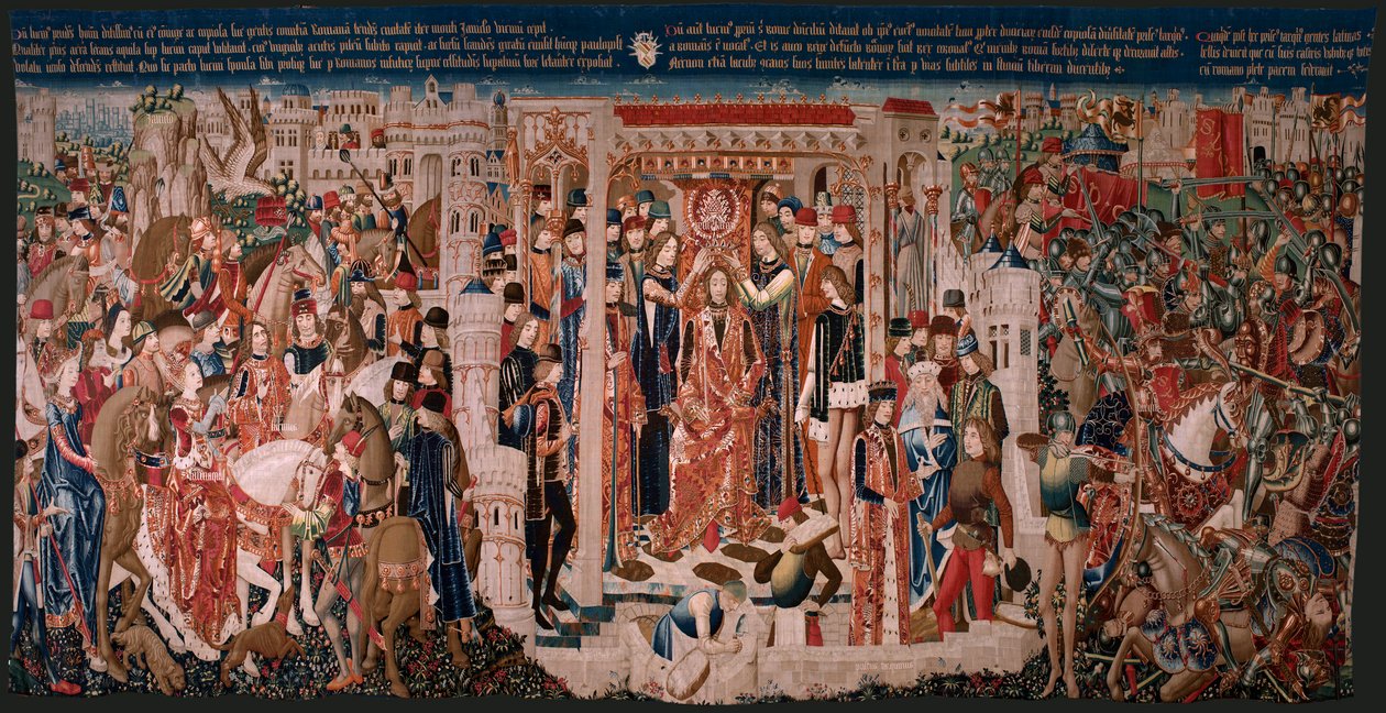 Flanderin kuvakudos. Tuntematon sarja. Rooman historia? Tarquinius Priscus (Tarquino Prisco). Valmistetaanko Brysselin työpajoja?. Noin 1475. Kangas Villa ja silkki, 6 loimi/cm. Alkuperä Kreivi Alba de Alisten lahjoitus, se saapui katedraaliin vuonna 1608. tekijältä Flemish School