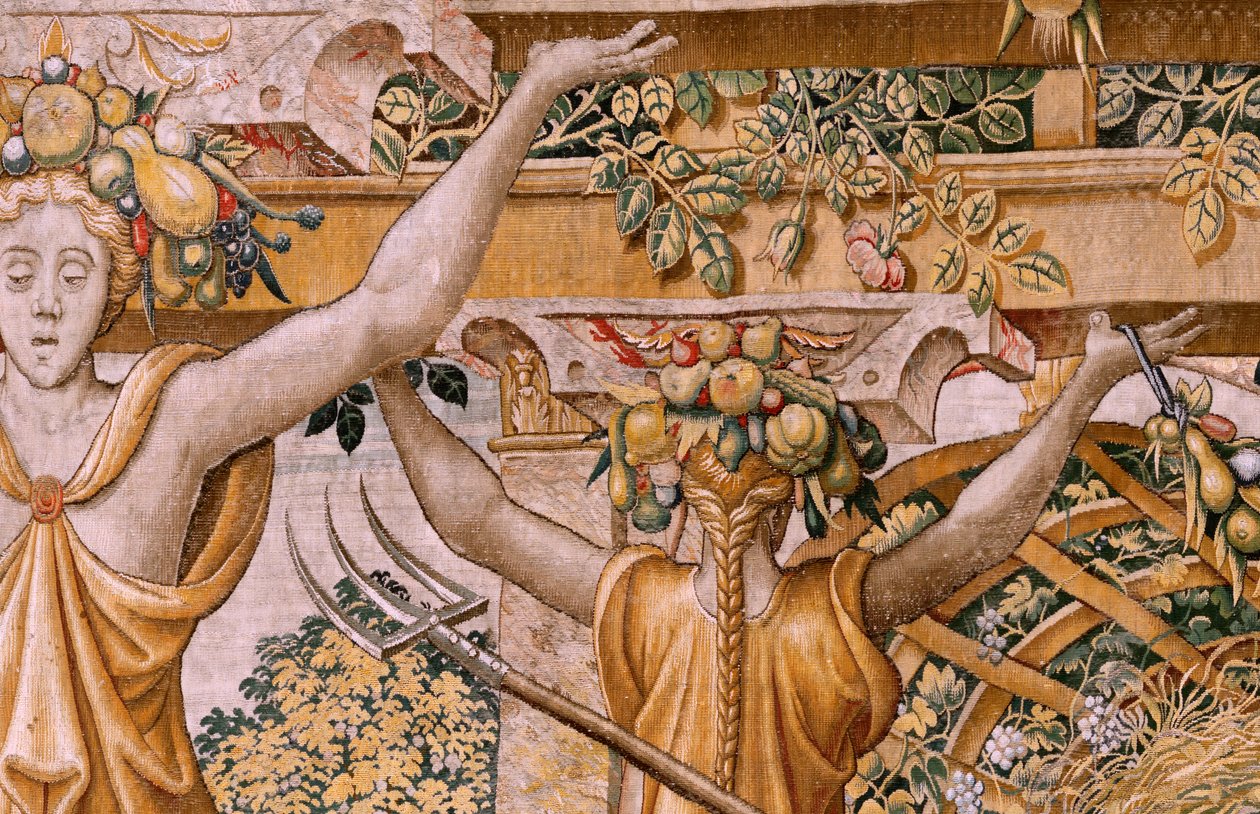 Flanderin kuvakudos. Sarjat Vertumnus ja Pomona. No II Vertumnus muuttui viljelijäksi (Vertumno y Pomona II Vertumno transformado en agricultor) no1 vasen osa. Mallit Circle of Pieter Coecke Van Aelst ja Léonard Thiry. Atelier unknown, Bryssel. Kulta, tekijältä Flemish School