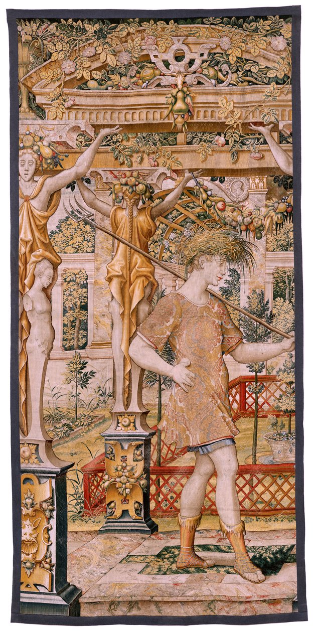 Tapís flamenc. Sèrie Vertumnus i Pomona. No II Vertumnus transformat en granger (Vertumno y Pomona II Vertumno transformado en agricultor) no1 part esquerra. Models Cercle de Pieter Coecke Van Aelst i Léonard Thiry. Atelier desconegut, Brussel·les. Or, fin tekijältä Flemish School