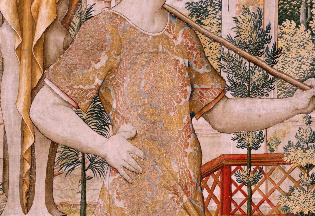 Flanderin kuvakudos. Sarjat Vertumnus ja Pomona. No II Vertumnus muuttui viljelijäksi (Vertumno y Pomona II Vertumno transformado en agricultor) no1 vasen osa. Mallit Circle of Pieter Coecke Van Aelst ja Léonard Thiry. Atelier unknown, Bryssel. Kulta, tekijältä Flemish School