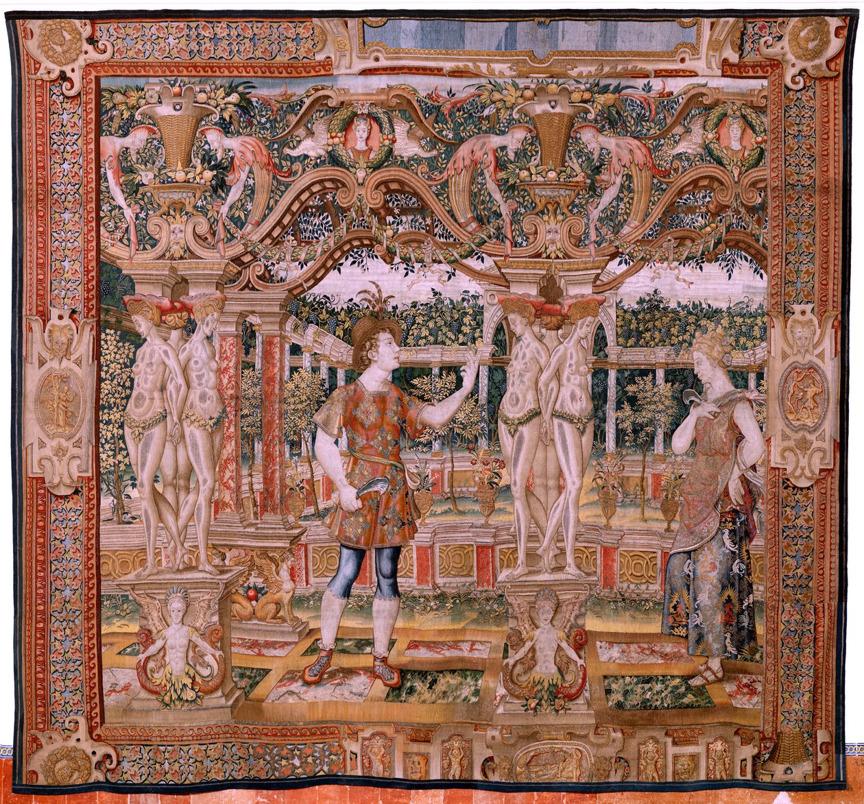 Flanderin kuvakudos. Sarjat Vertumnus ja Pomona. No IV Vertumnus muuttui karsintaiseksi (Vertumno y Pomona IV (Vertumno transformado en podador). Mallit Circle of Pieter Coecke Van Aelst ja Léonard Thiry. Atelier unknown, Bryssel. Kulta, silkki ja villa. B tekijältä Flemish School