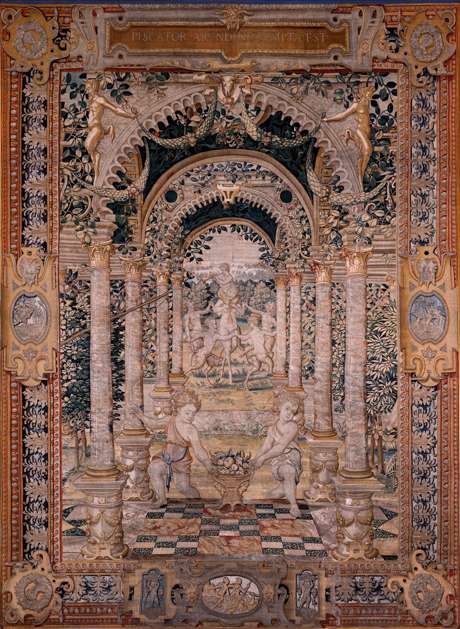Flanderin kuvakudos. Sarjat Vertumnus ja Pomona. Sarjan seitsemäs kuvakudos; Vertumnus muuttui kalastajaksi (keskiosa). Mallit Circle of Pieter Coecke Van Aelst ja Léonard Thiry. Valmistus Tuntematon työpaja, Bryssel. Ennen vuotta 1550. Kangas Go tekijältä Flemish School