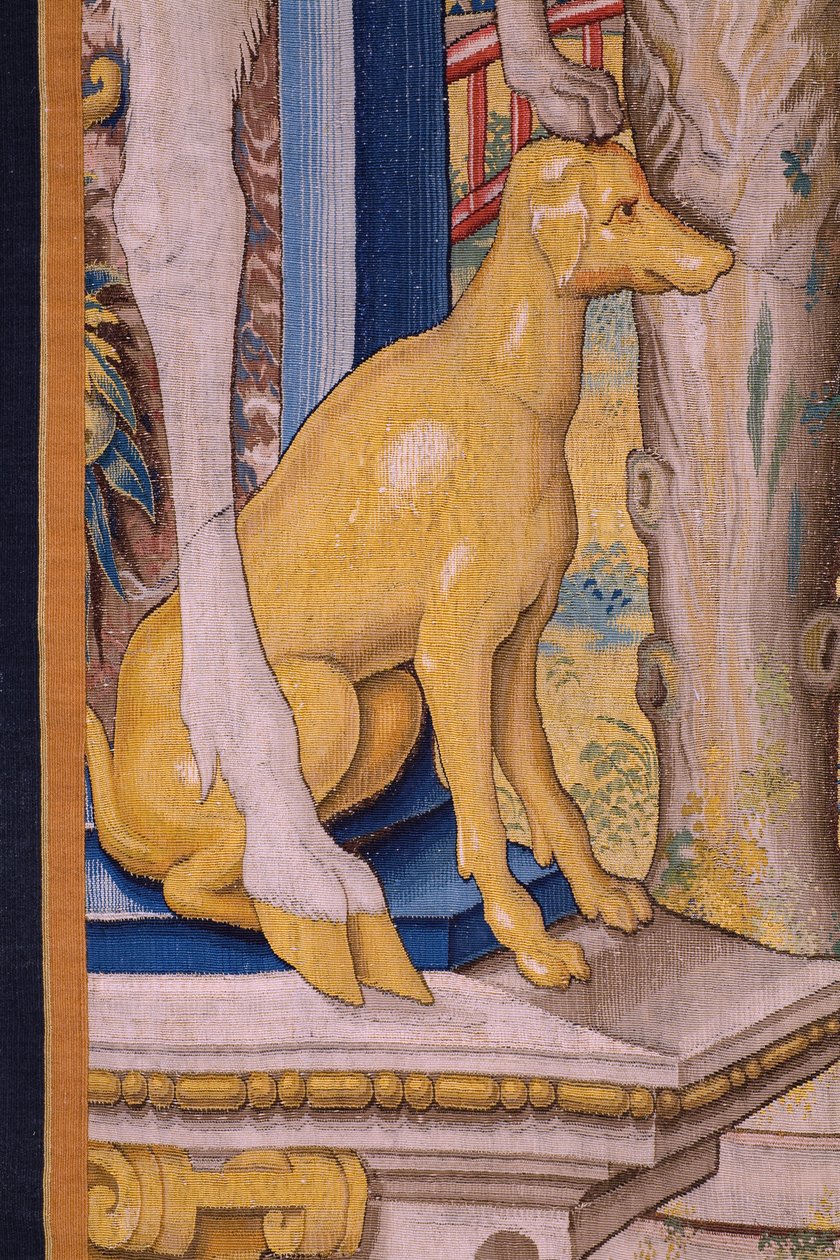 Tapís flamenc. Sèrie Vertumnus i Pomona: Vertumnus transformat en granger (Vertumnus as farmer, Vertumno transformado and agricultor). Estudi Willem de Pannemaker. ca 1545-1550. detall.acabar tekijältä Flemish School
