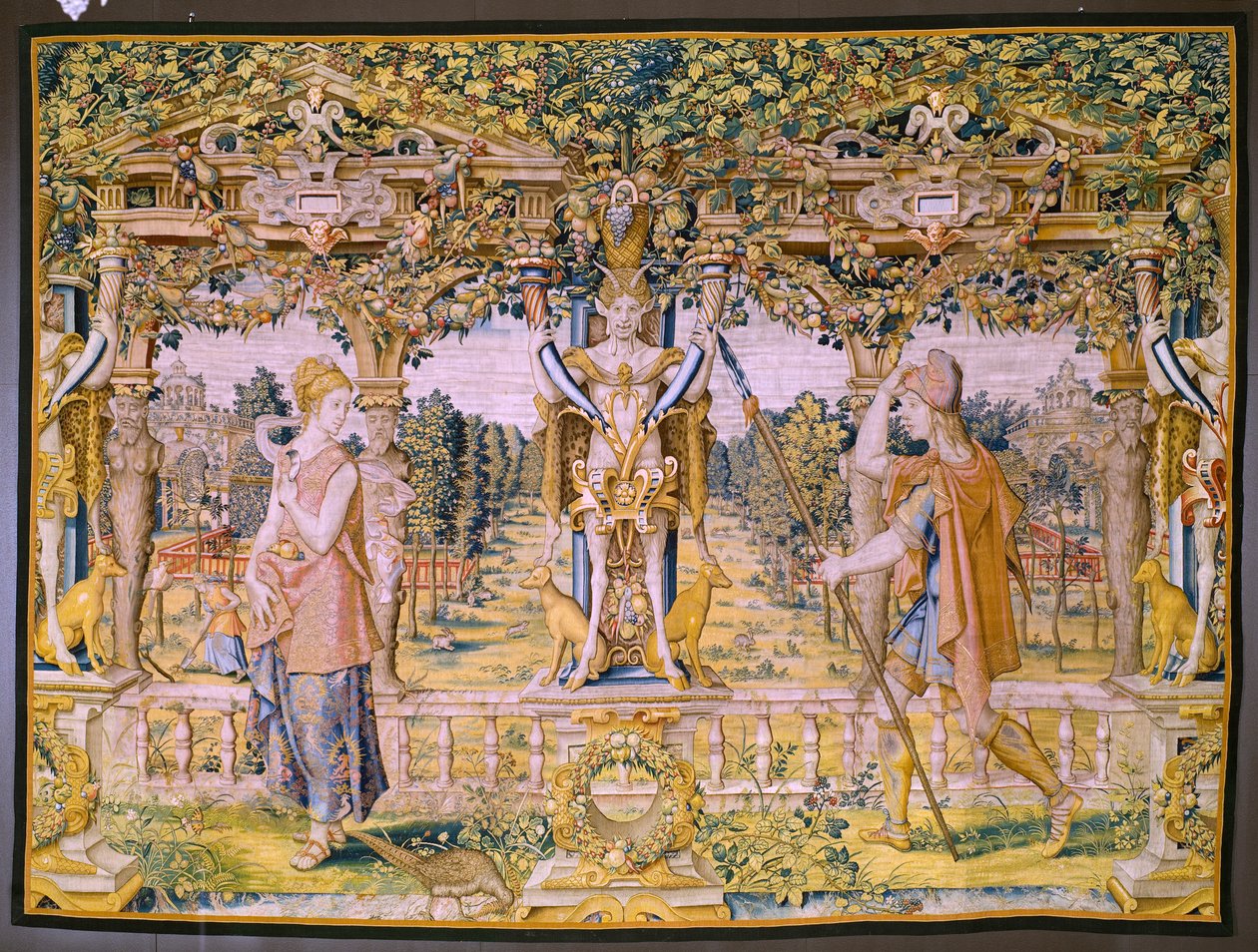 Tapís flamenc. Sèrie Vertumnus i Pomona: Vertumnus transformat en granger (Vertumnus as farmer, Vertumno transformado and agricultor). Estudi Willem de Pannemaker. Ca 1545-1550.acabat tekijältä Flemish School