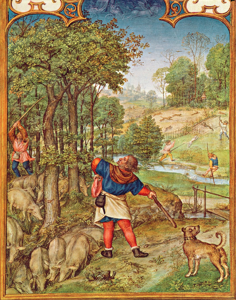 Fol.11v Marraskuu: tammenterhojen korjuu sikoja varten ja metsästys, Breviarium Grimanista, n. 1515 tekijältä Flemish School