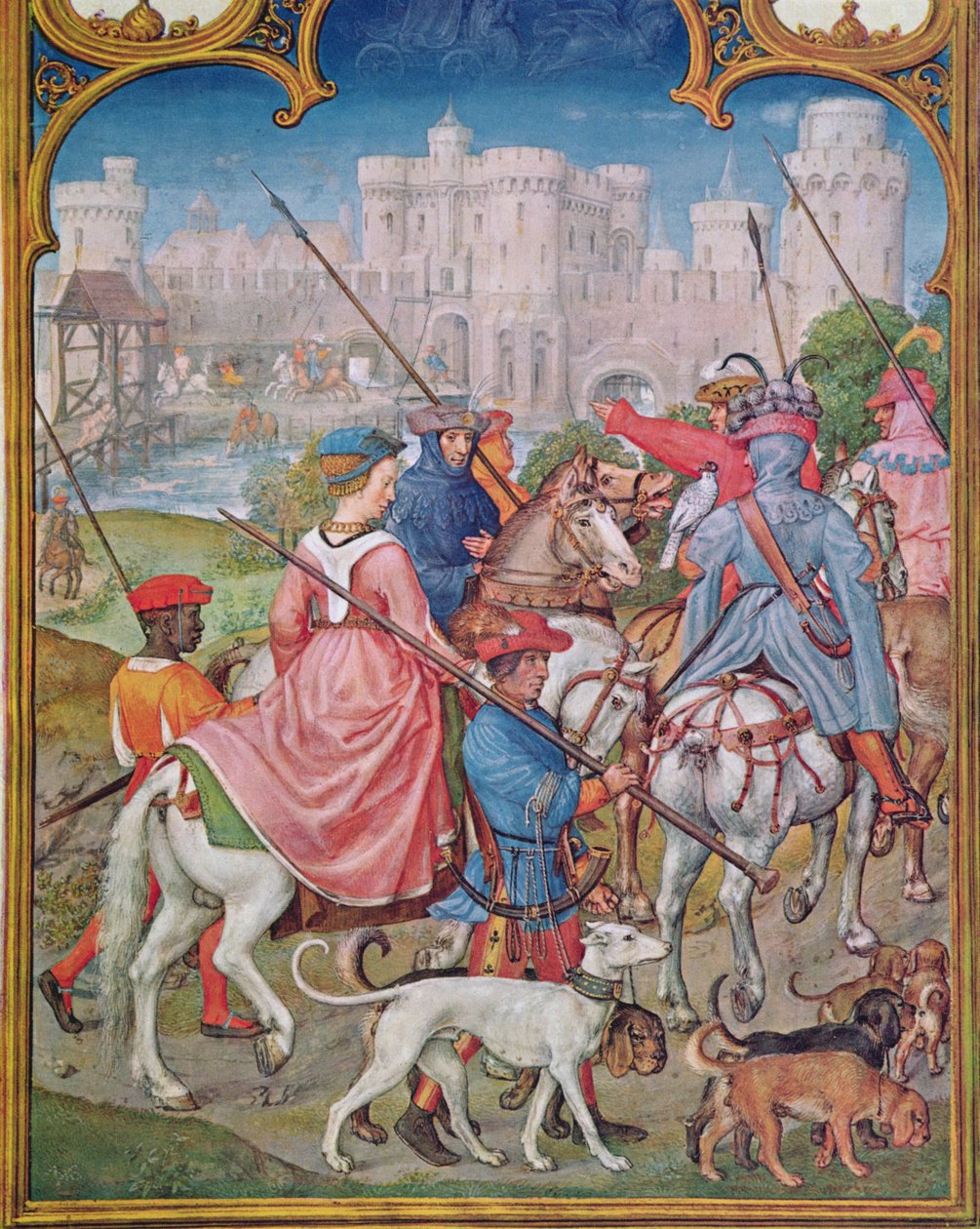 Fol.8v Elokuu: Lähdöt metsästämään, Breviarium Grimanista, n. 1515 tekijältä Flemish School