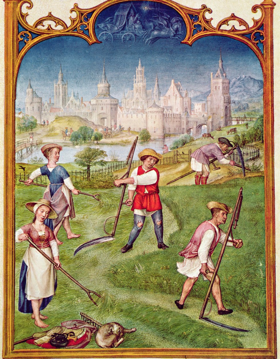 Fol 6v Kesäkuu: Heinänteko, Breviarium Grimanista, n. 1515 tekijältä Flemish School