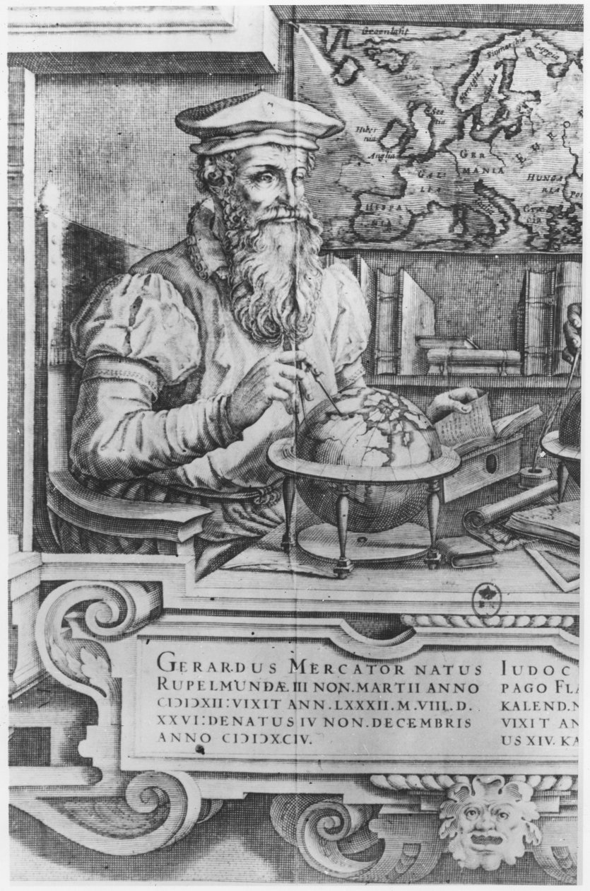 Gerard Mercator (1512-94) kaiverrettu sisällytettäväksi Mercator- ja Hondius-atlassarjaan tekijältä Flemish School