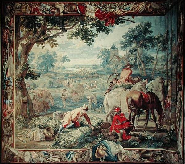 Sadonkorjuu, sarjasta "The Military Science", Judocus de Vosin työpaja, n. 1715-24 (kuvakudos) tekijältä Flemish School