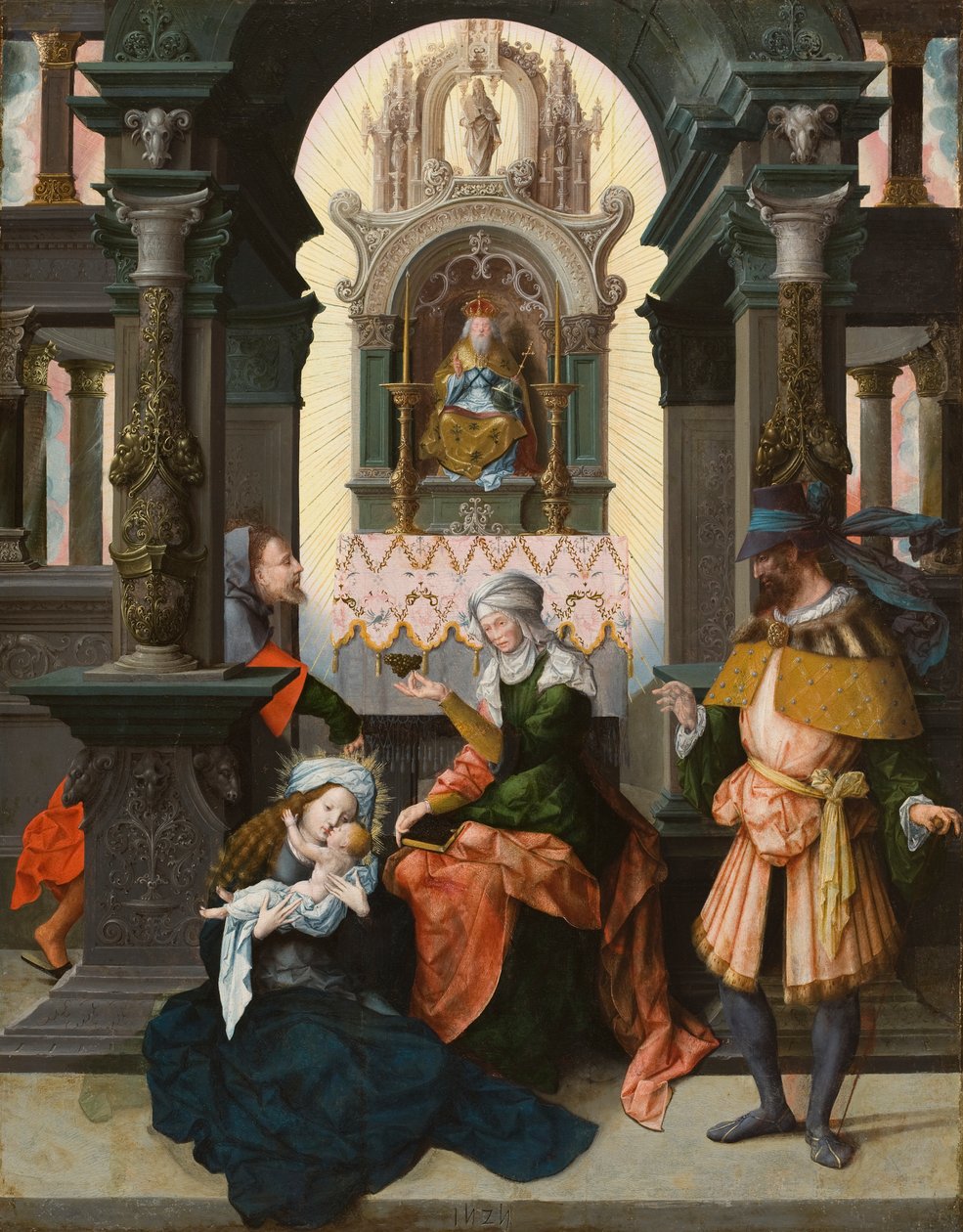Pyhä perhe Pyhän Annan ja Pyhän Joakimin kanssa, 1525 (öljy tammilevylle) tekijältä Flemish School