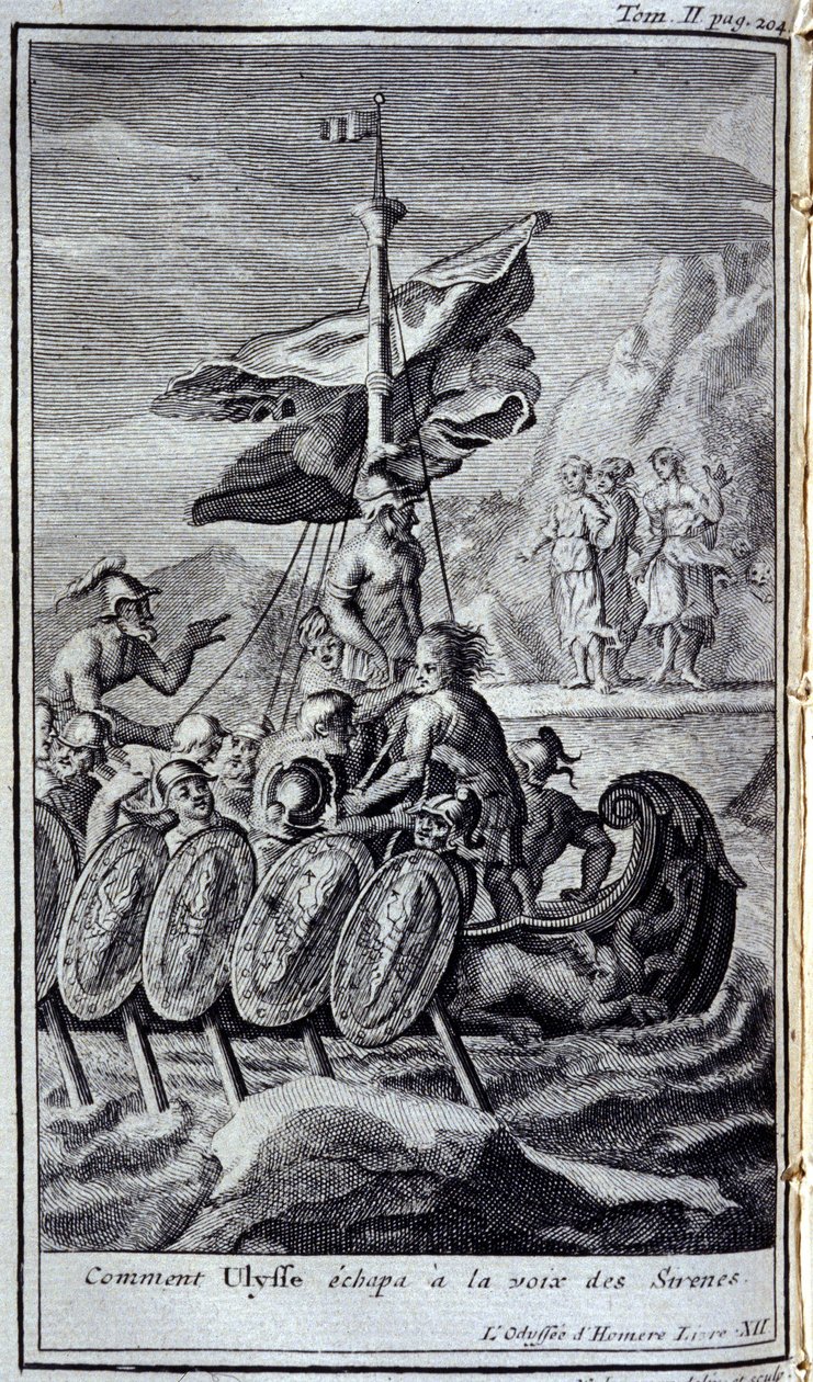 Kuinka Ulysses pakeni sireenin äänestä. Kuvitus kirjaan XII Homeroksen Odysseiasta, Odysseiassa, julkaistu Amsterdamissa vuonna 1731, Collection privee Milan. tekijältä Flemish School
