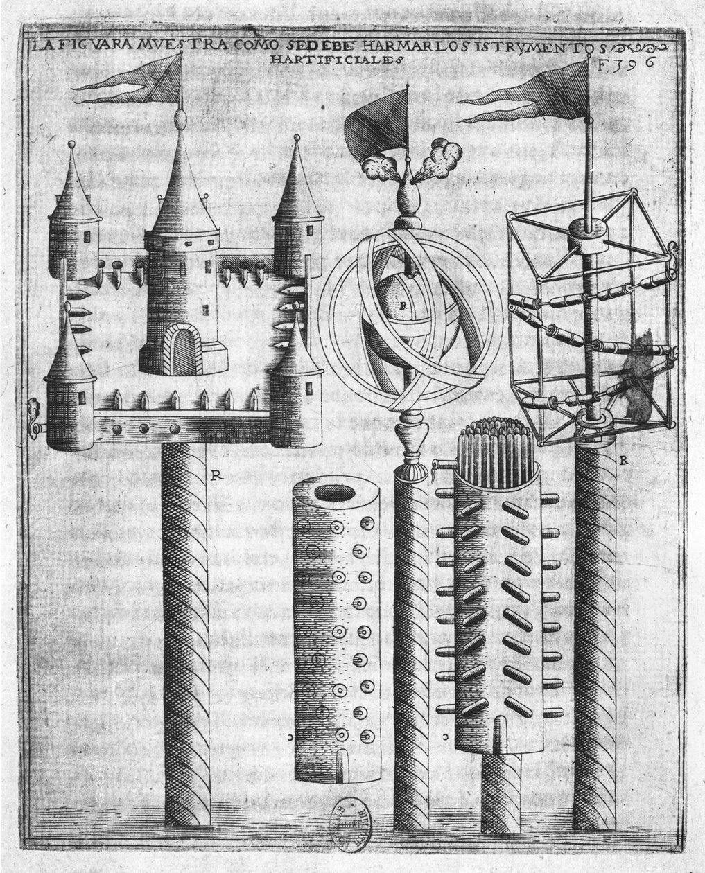 Ilotulitteiden asettaminen, Diego Ufanon kuvitus Tratado de Artilleriasta, Bryssel, 1613 tekijältä Flemish School