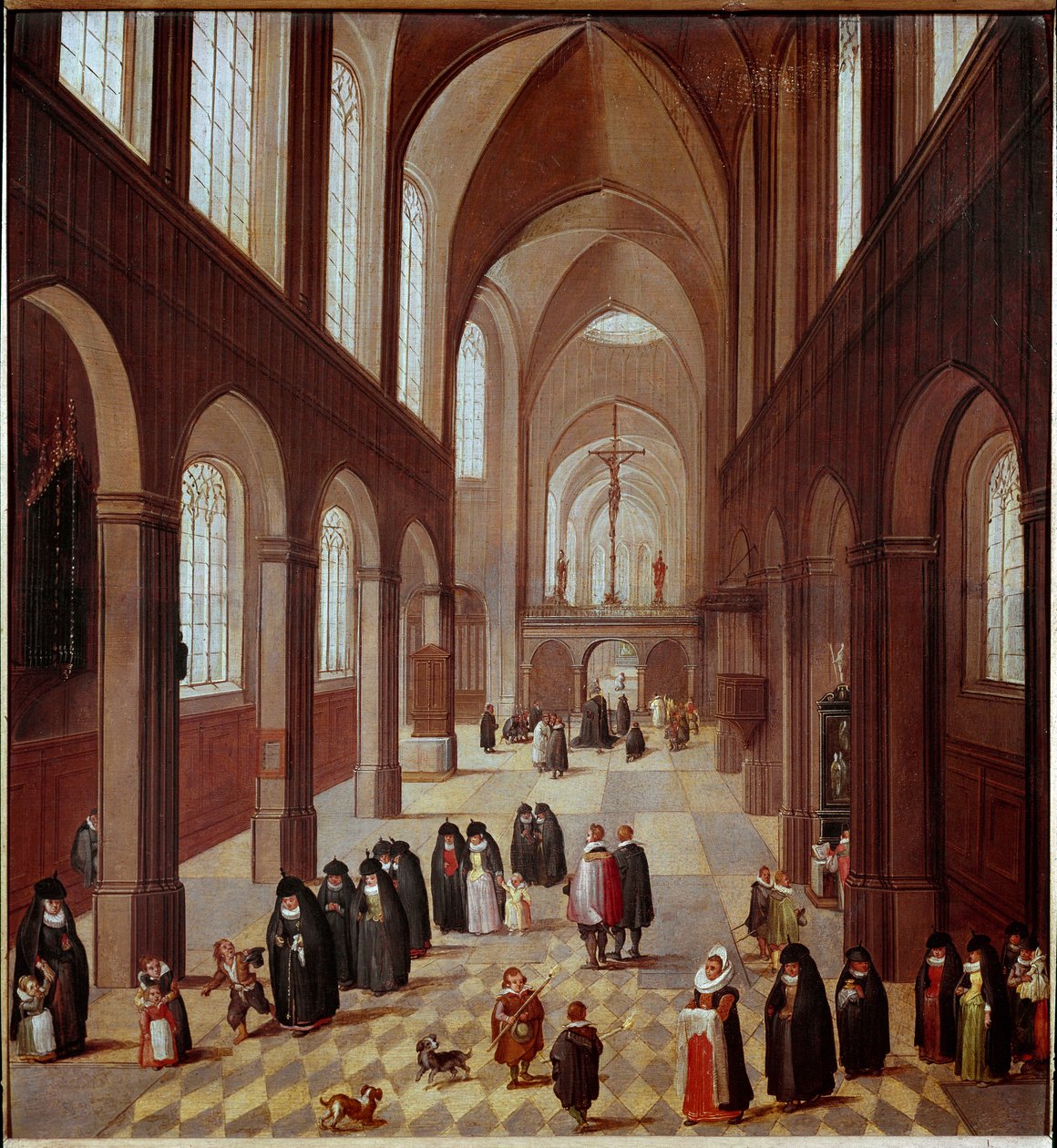 Kirkon sisäkuva 1600-luvun flaamilaisen koulun maalaus Madrid, Musee Lazaro Galdiano tekijältä Flemish School