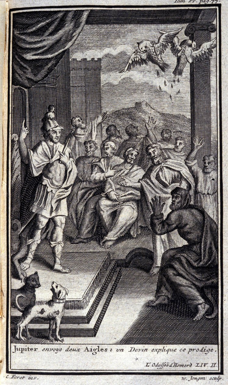 Jupiter lähettää kaksi kotkaa: tutti selittää tämän ihmelapsen. Lustraatio kirjalle II Odyssee of Homere, Odysseessa, julkaistu Amsterdamissa vuonna 1731, Collection privee Milan. tekijältä Flemish School