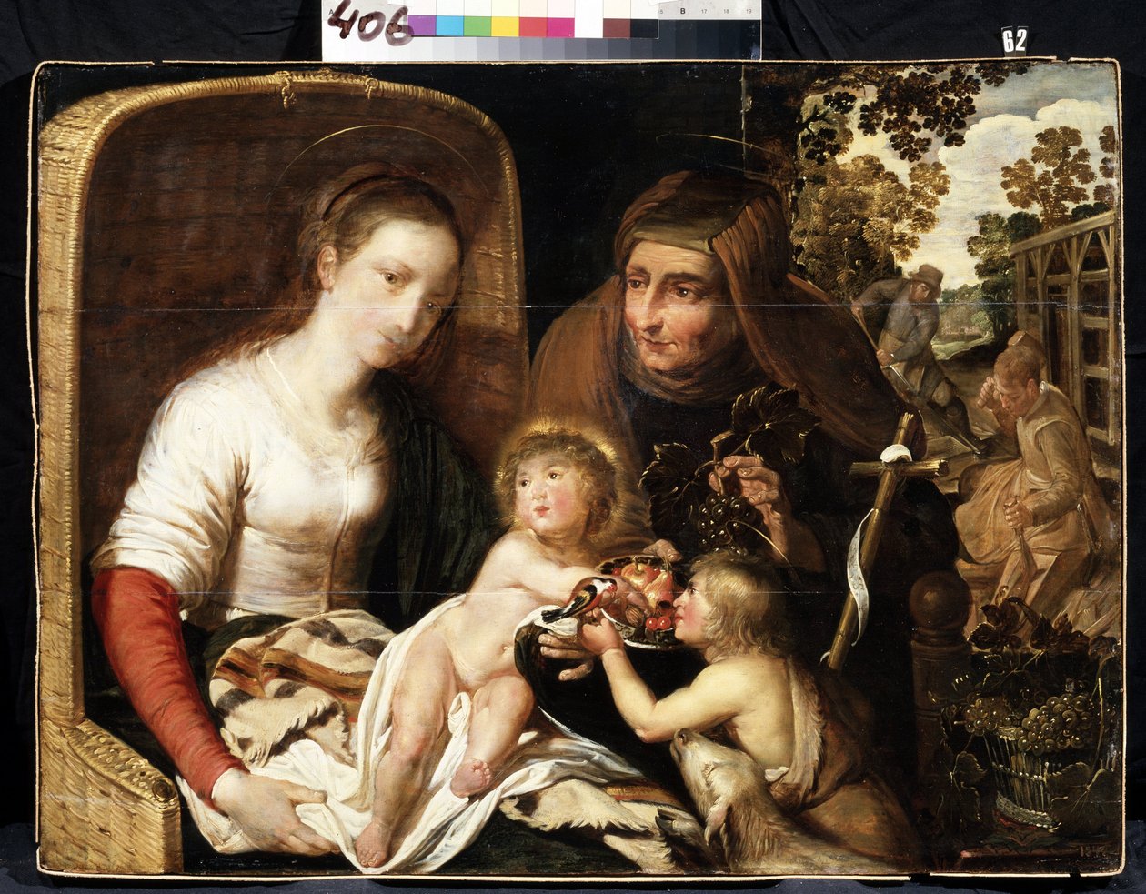 "Pyhä perhe, jossa Johannes Kastaja poikana ja pyhä Elisabet" (Pyhä perhe, jossa Johannes Kastaja poikana ja pyhä Elisabet) 1600-luvun hollantilainen koulumaalaus Mikhail Kroshitskyn taidemuseo, Sevastopol (Sevastopol) Ukraina tekijältä Flemish School