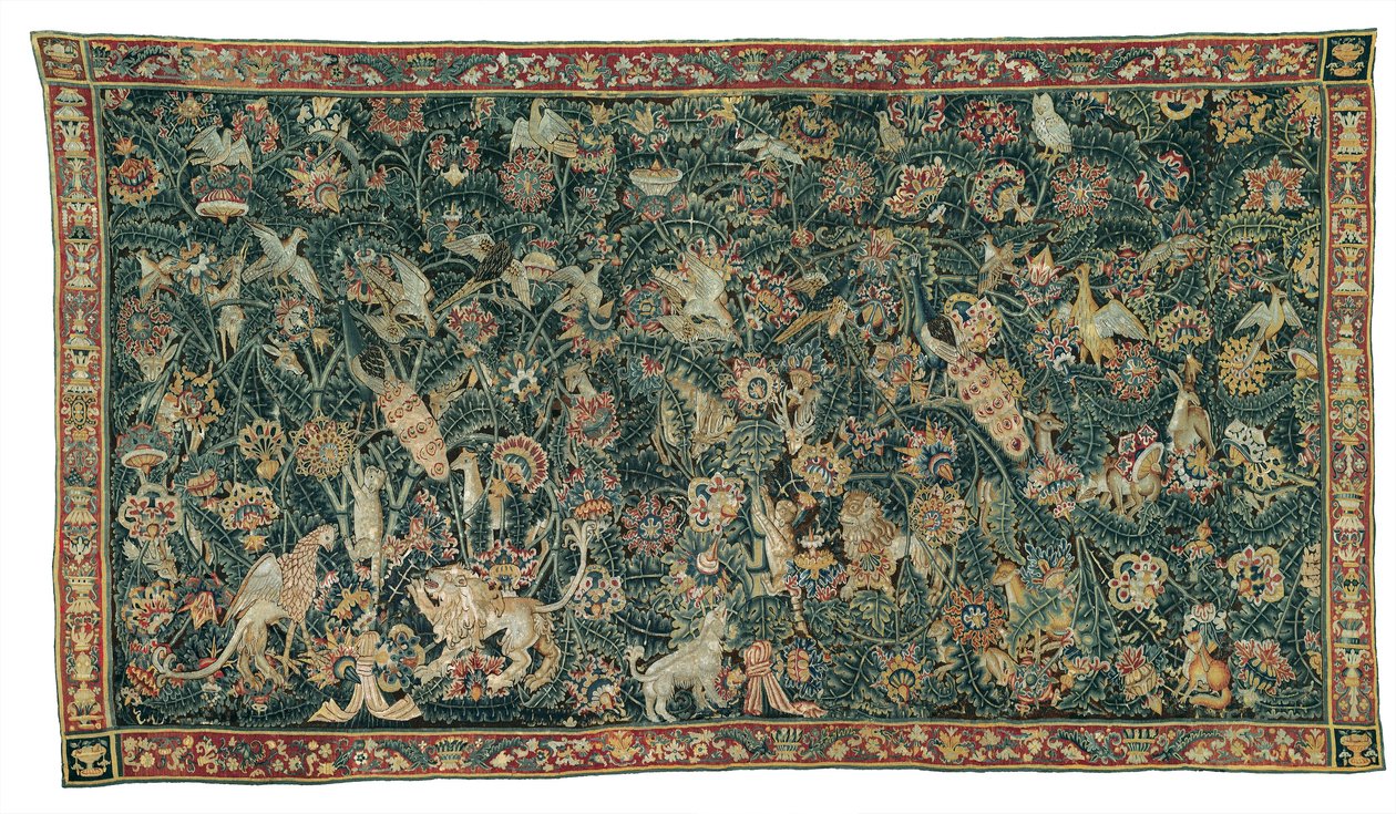 Large Leaf Verdure, jossa on eläimiä ja lintuja, 1525-50 tekijältä Flemish School