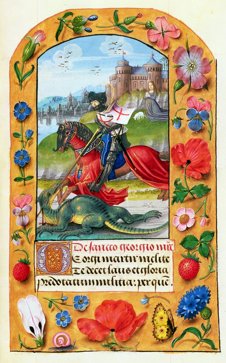 MS 1058-1975 f.173r St. George and the Dragon, Tuntien kirjasta, luultavasti Bruggesta, n. 1500-05 tekijältä Flemish School