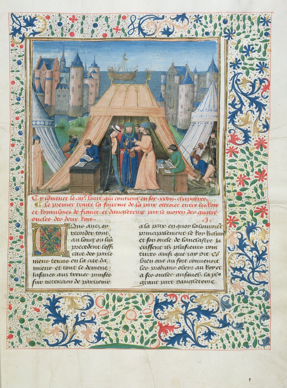 MS W201 f.147 Rauhansopimus, Chroniques dAngleterre (Vol.IV) 1475-80 (tempera on vellum) tekijältä Flemish School