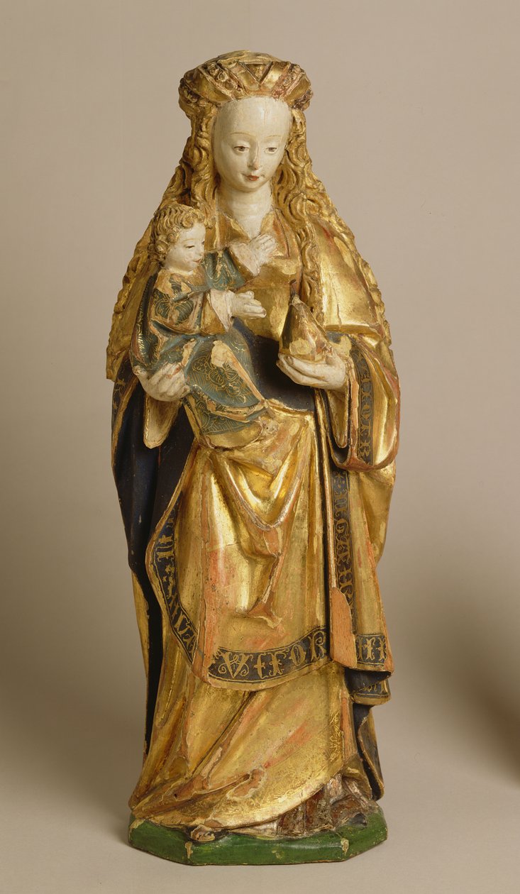 Madonna ja lapsi, School of Mechelen, n. 1500 (monivärinen ja kullattu tammi) tekijältä Flemish School