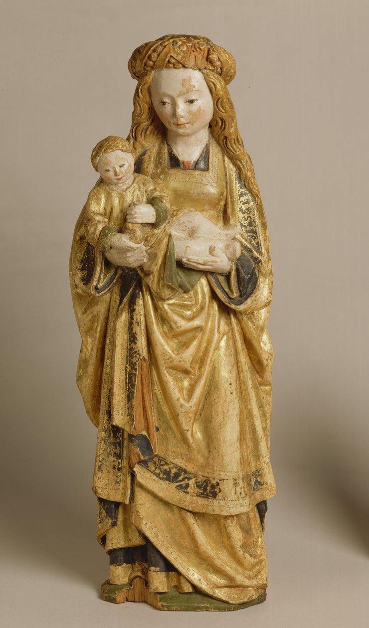 Madonna ja lapsi, School of Mechelen, n. 1500 (monivärinen ja kullattu tammi) tekijältä Flemish School